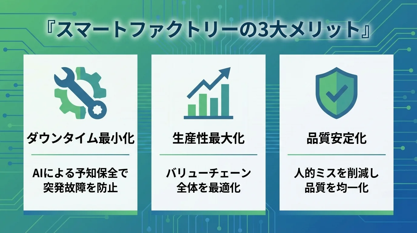 AI活用スマートファクトリーがもたらす3つのメリット(ダウンタイム最小化、生産性最大化、品質安定化)のインフォグラフィック。