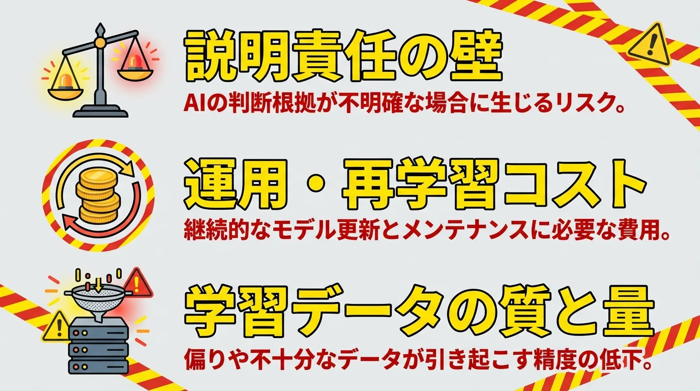 AI導入の主な課題とリスクである「説明責任」「運用コスト」「データ品質」の3点をまとめたインフォグラフィック