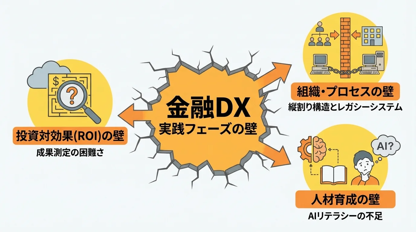 金融DXが実践フェーズで直面する3つの壁（投資対効果、組織・プロセス、人材育成）をまとめたインフォグラフィック。