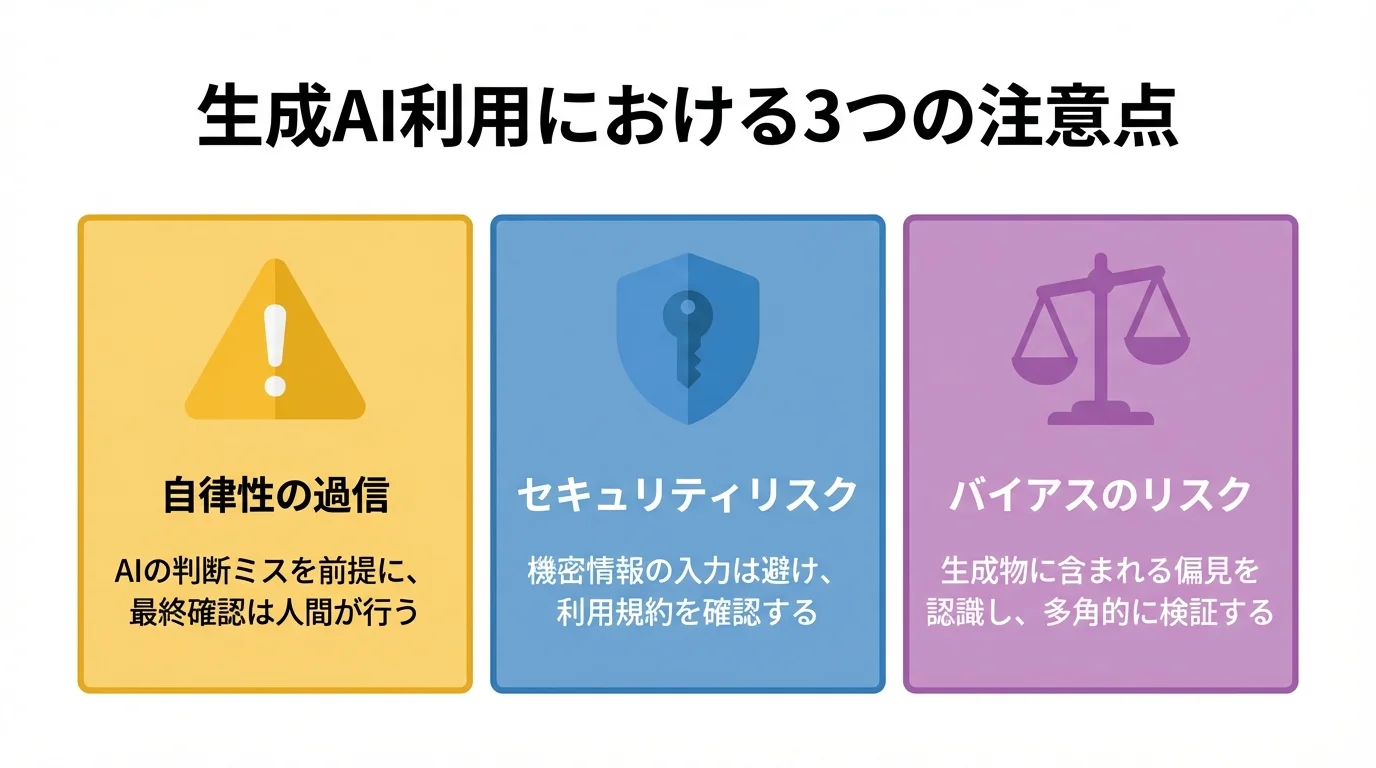 生成AIを利用する際の注意点である自律性の過信、セキュリティリスク、バイアスのリスクを3つのアイコンで解説した図