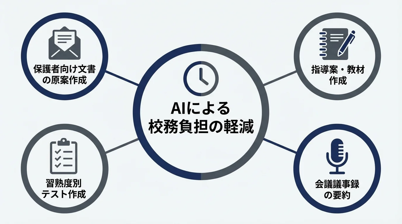 生成AIを活用して教員の校務負担を軽減する具体的な方法（保護者向け文書作成、指導案作成など）をまとめたアイコン配列図。