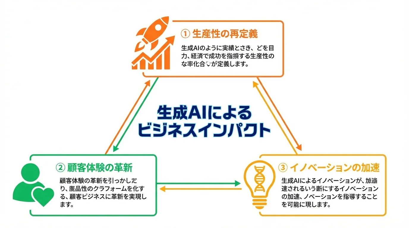 生成AIがビジネスにもたらす3つの大きなインパクト(生産性の再定義、顧客体験の革新、イノベーションの加速)を図解したインフォグラフィック。