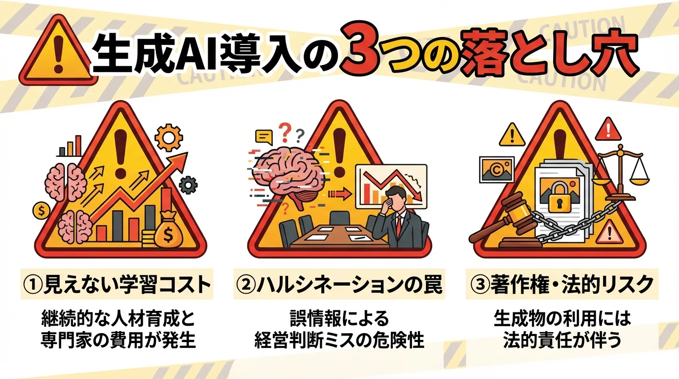 生成AIを企業導入する際の3つの注意点(学習コスト、ハルシネーション、著作権リスク)をまとめた警告インフォグラフィック。