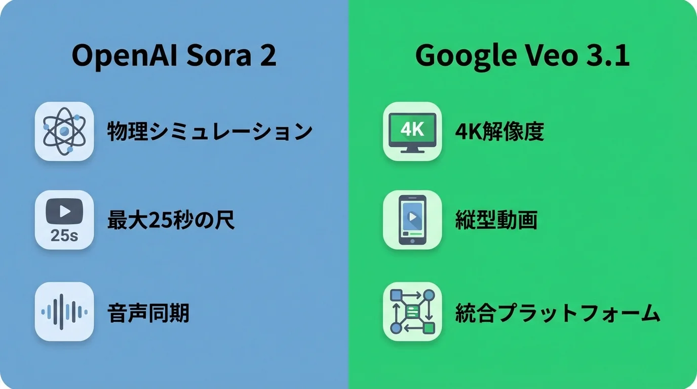 動画生成AIの主要ツールであるSora 2とVeo 3.1の最新機能を比較したインフォグラフィック