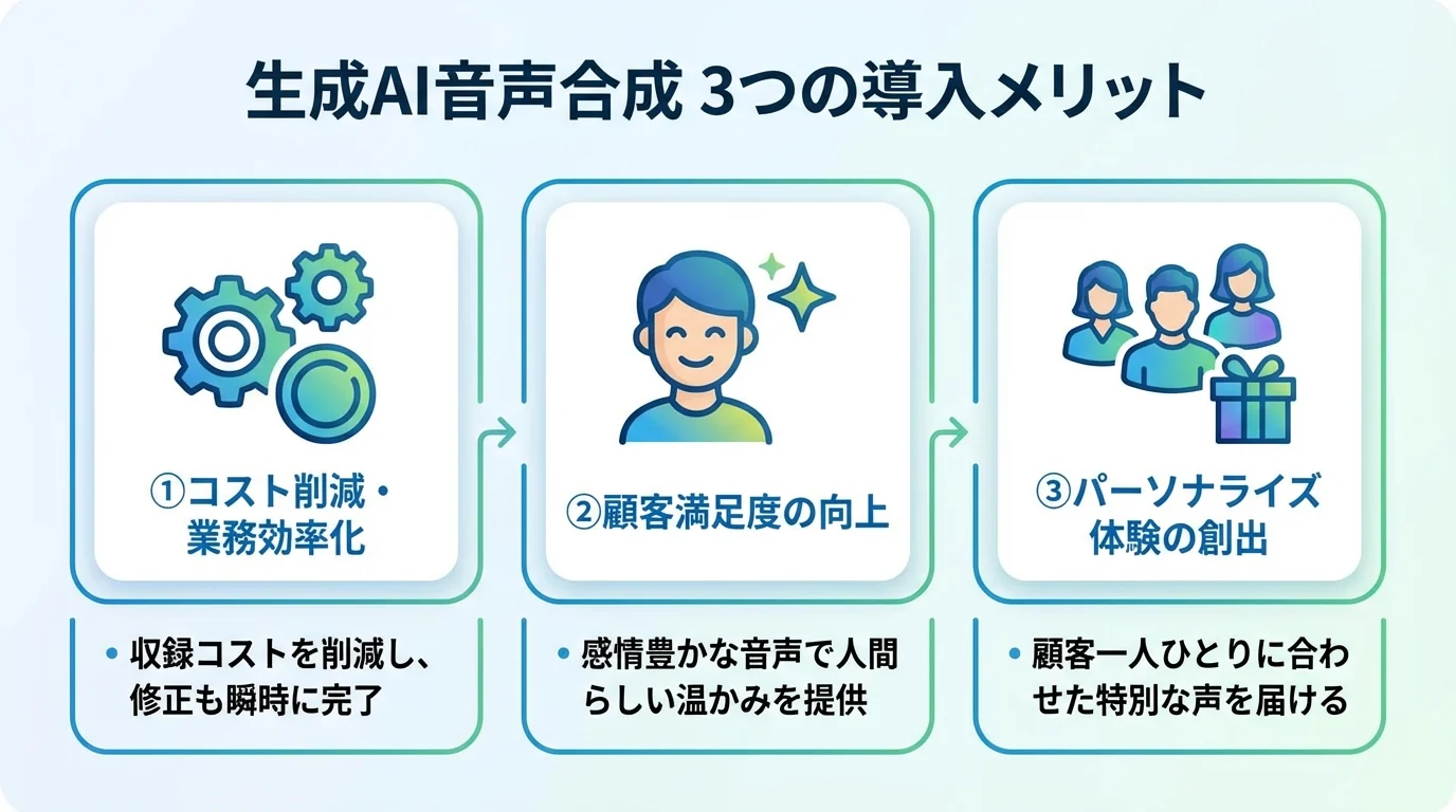 生成AI音声合成をビジネスに導入する3つのメリット「コスト削減・業務効率化」「顧客満足度向上」「パーソナライズ体験」を解説するインフォグラフィック。