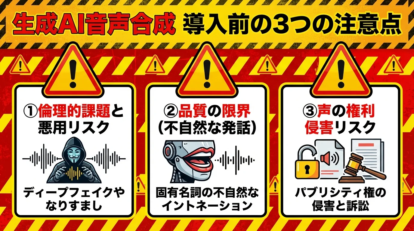生成AI音声合成を導入する前に知っておくべき3つの注意点「倫理的課題」「品質の限界」「権利侵害リスク」をまとめたインフォグラフィック。