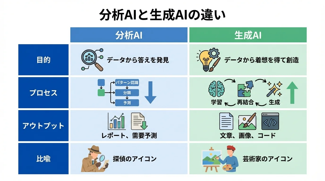 分析AIと生成AIの違いを、目的、プロセス、アウトプット、比喩の4項目で比較したインフォグラフィック。