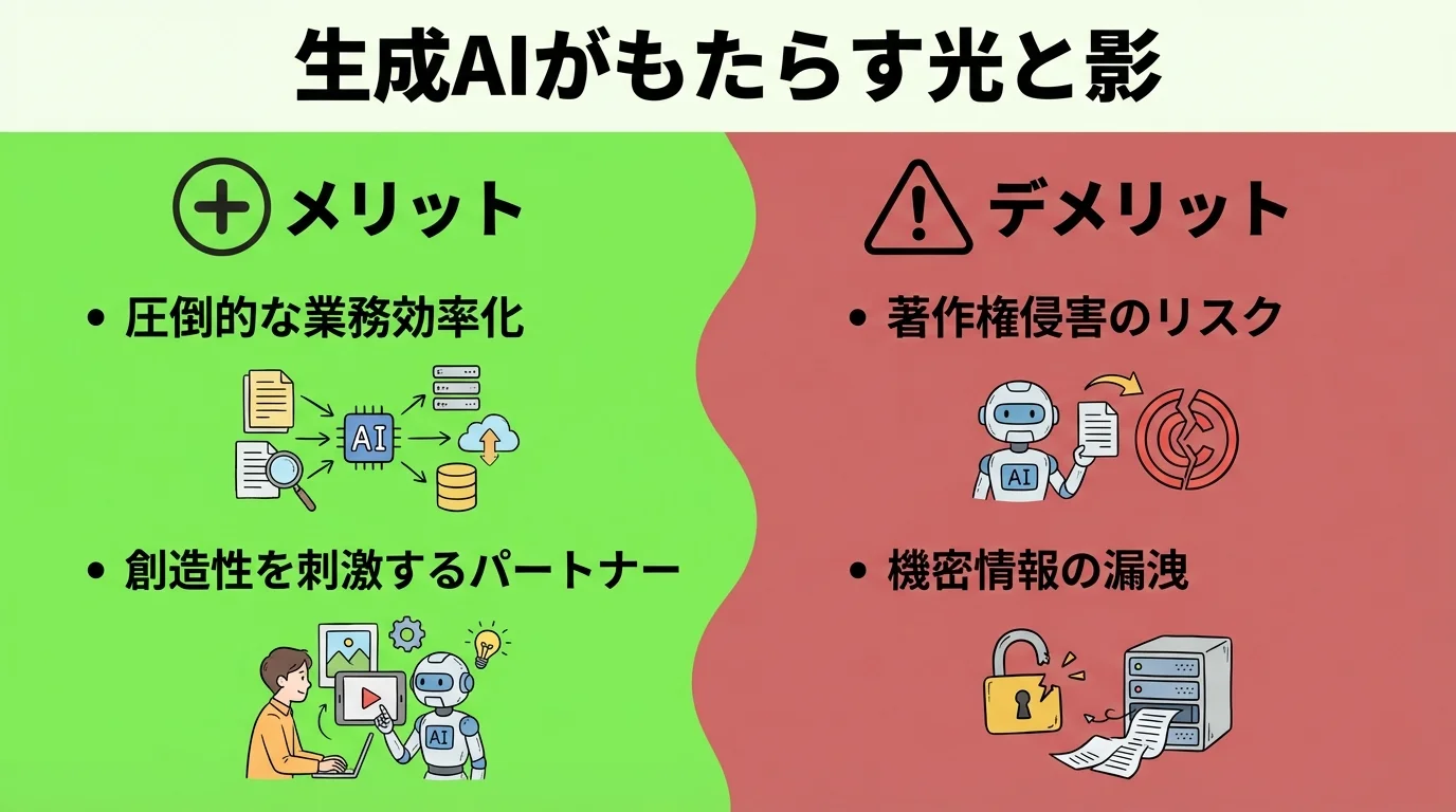 生成AIのメリット（業務効率化、創造性拡張）とデメリット（著作権侵害、情報漏洩）を比較するインフォグラフィック