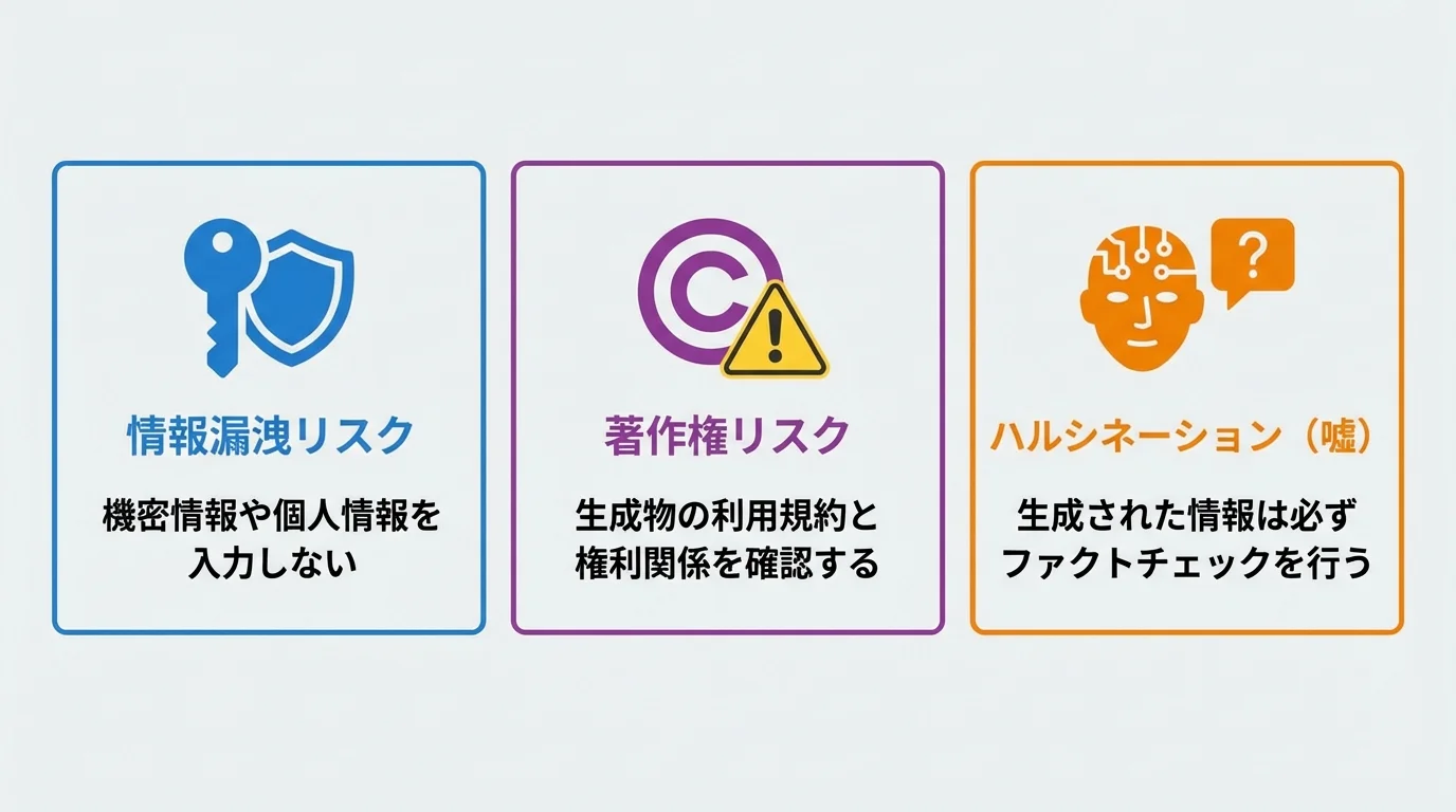 生成AIを利用する上での注意点を3つにまとめた図解。情報漏洩、著作権、ハルシネーションのリスクについて解説している。