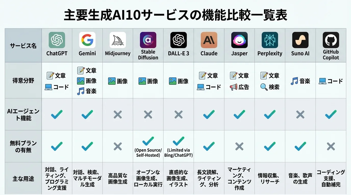 主要生成AI10サービスの得意分野、AIエージェント機能、料金プランをまとめた比較一覧表
