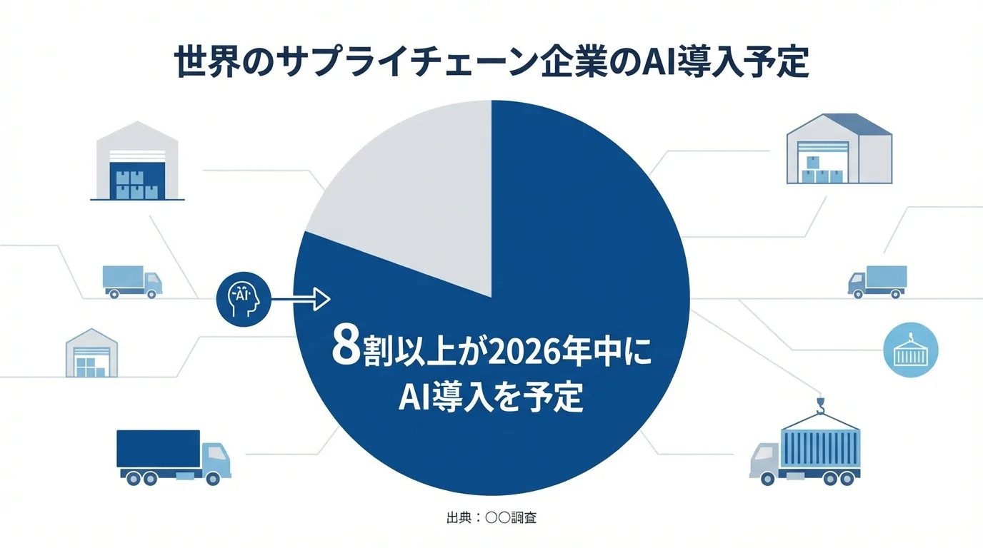 世界のサプライチェーン関連企業の8割以上が2026年中にAI導入を予定していることを示す円グラフのインフォグラフィック。