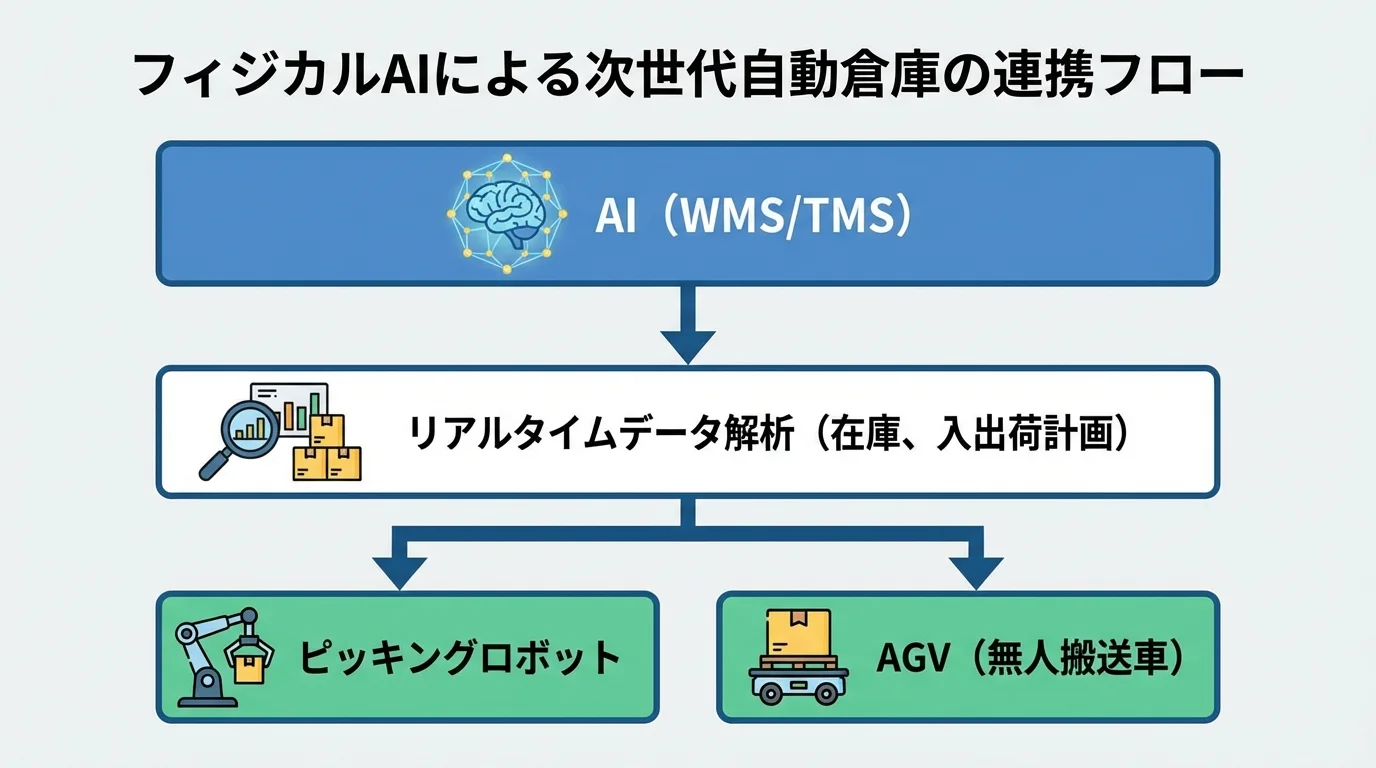 AIがWMSやTMSと連携し、ピッキングロボットやAGVに指示を出して稼働する次世代自動倉庫の連携フローを示したインフォグラフィック。