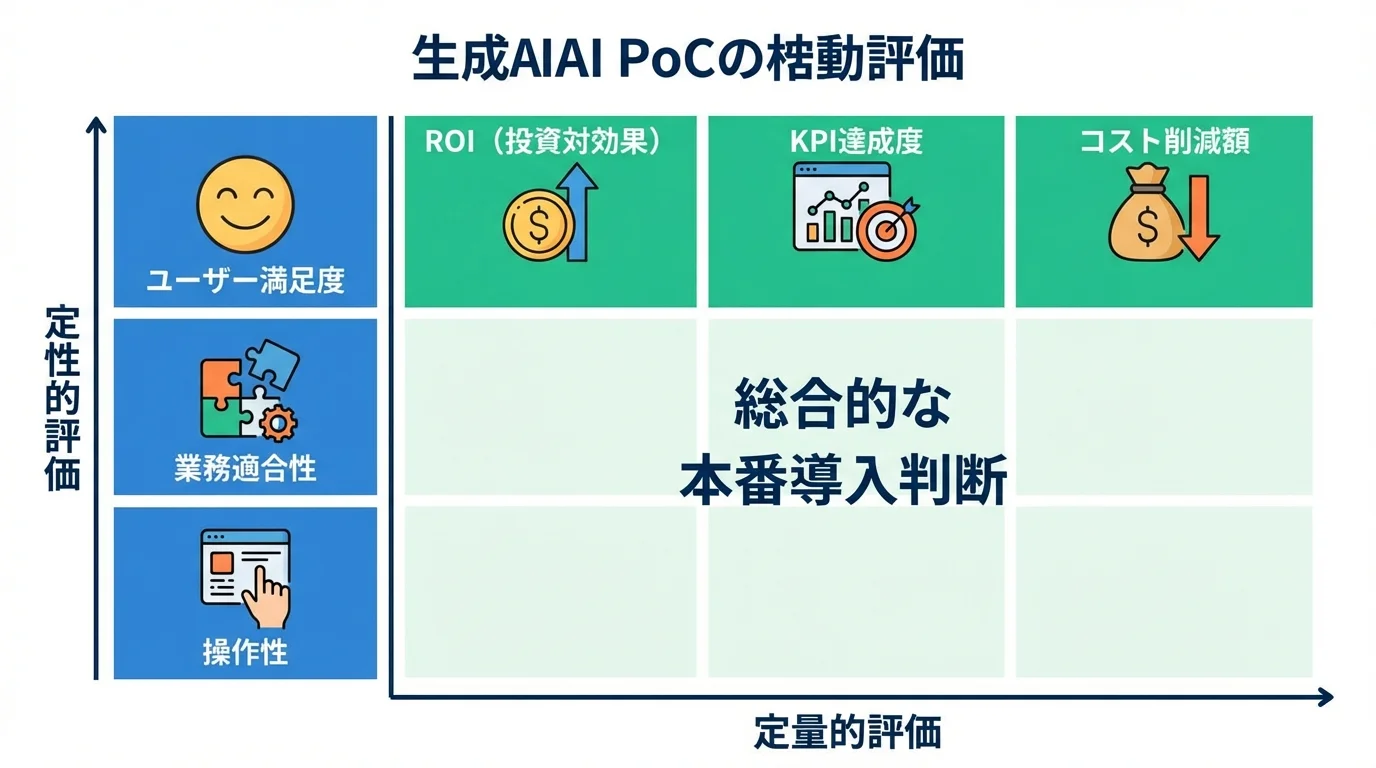 生成AI PoCの評価軸を示す図。定量的評価（ROI, KPI）と定性的評価（ユーザー満足度, 業務適合性）の両面から総合的に本番導入を判断することを示している。