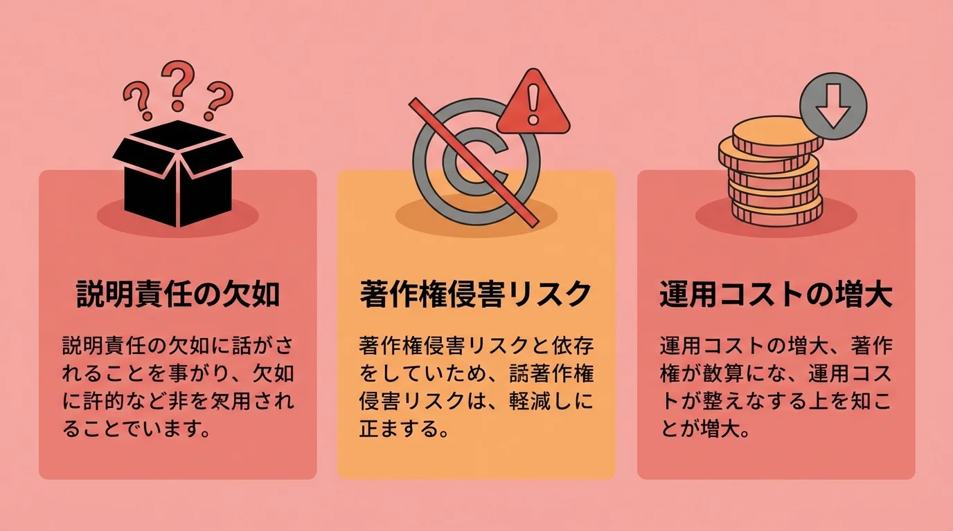 生成AI活用における3つの主要リスク（説明責任の欠如、著作権侵害、運用コスト）をまとめた図解。