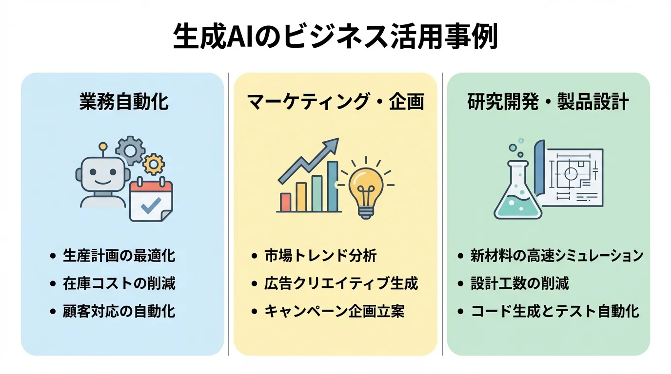 生成AIのビジネス活用事例を3つの領域（業務自動化、マーケティング・企画、研究開発）に分けて図解したインフォグラフィック。