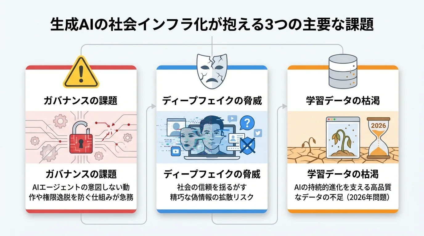 生成AIの社会インフラ化に伴う3つの主要な課題（ガバナンス、ディープフェイク、学習データ枯渇）をまとめた図解。