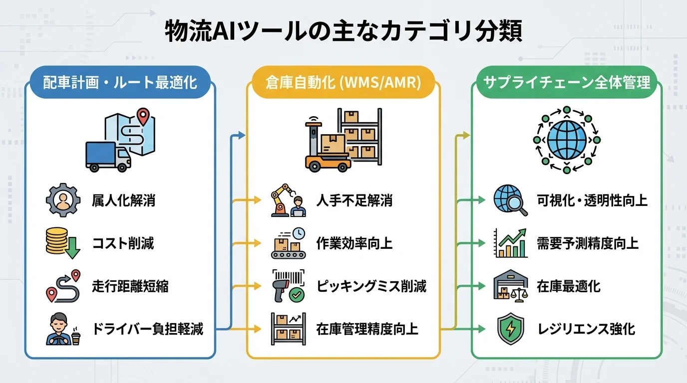 物流AIツールを「配車計画」「倉庫自動化」「サプライチェーン管理」の3つのカテゴリに分類し、それぞれの特徴を示した図解。
