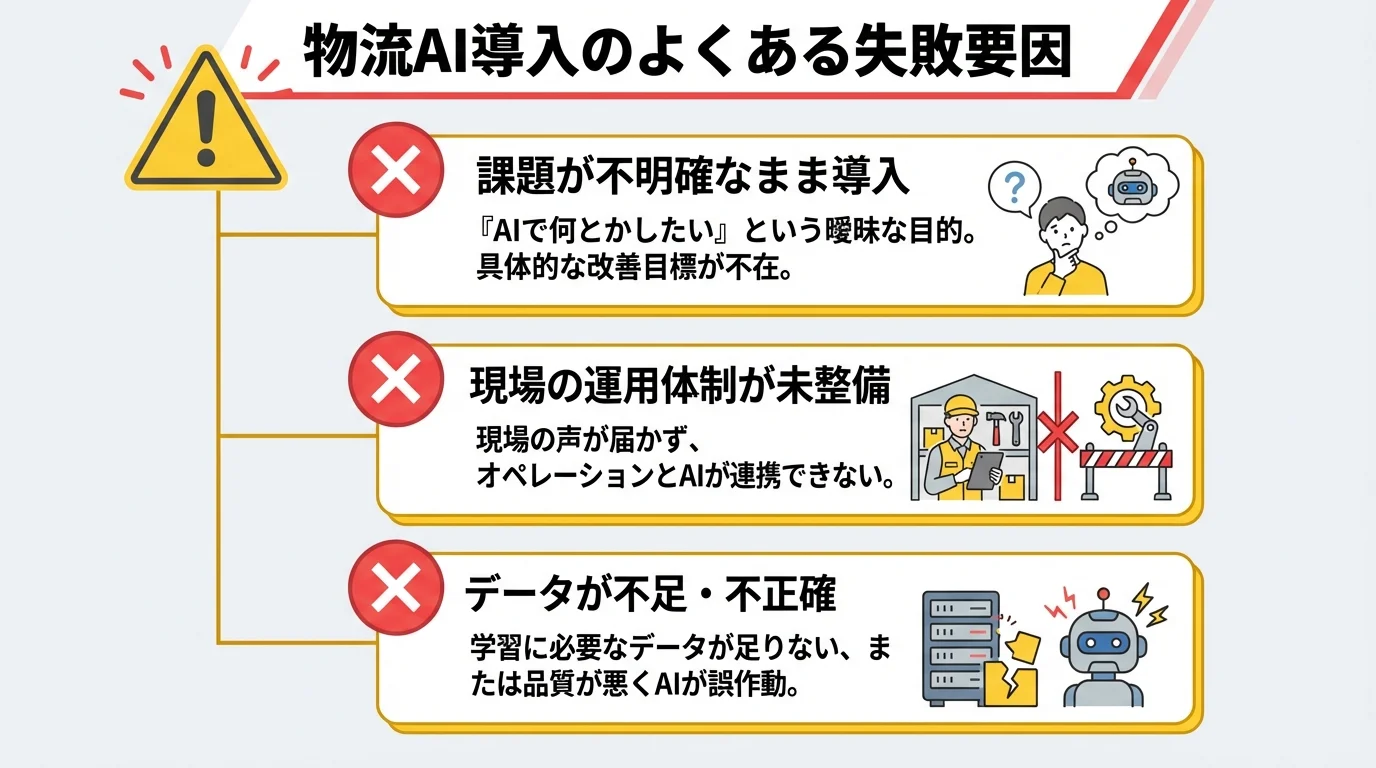物流AI導入時によくある3つの失敗要因(課題の不明確さ、運用体制の不備、データの問題)をまとめた注意喚起の図解。