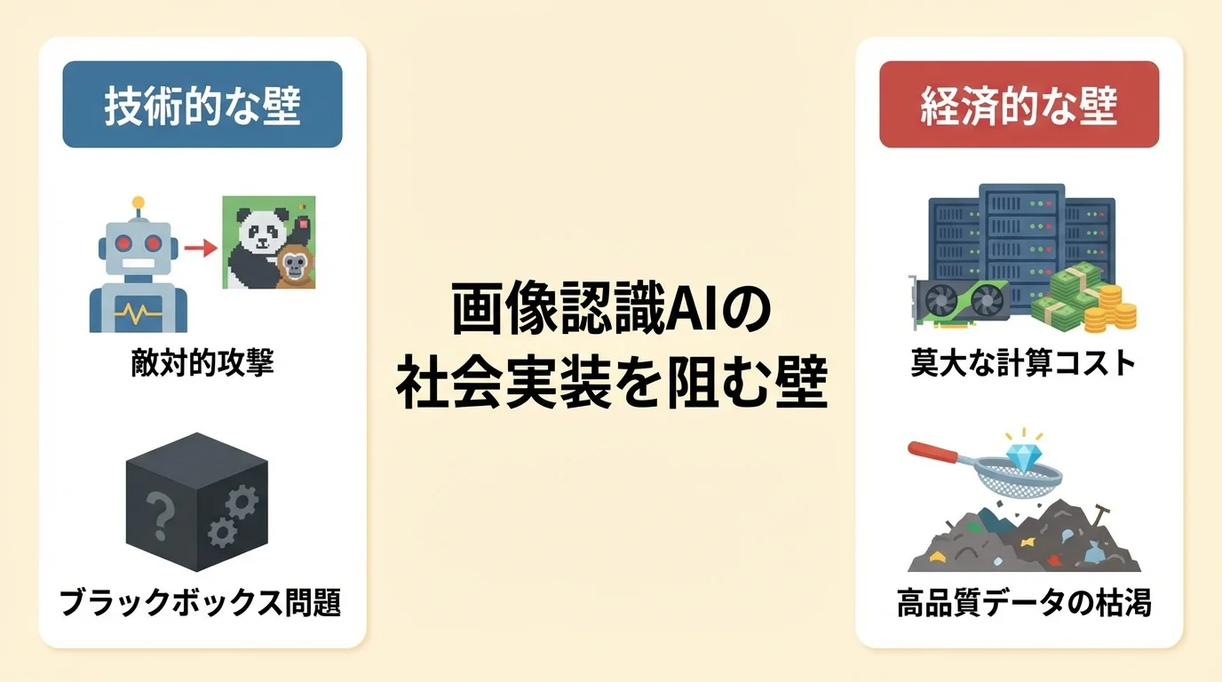 画像認識AIの社会実装を阻む技術的・経済的な壁を図解したインフォグラフィック。技術的な壁として敵対的攻撃とブラックボックス問題、経済的な壁として計算コストとデータ枯渇が挙げられている。