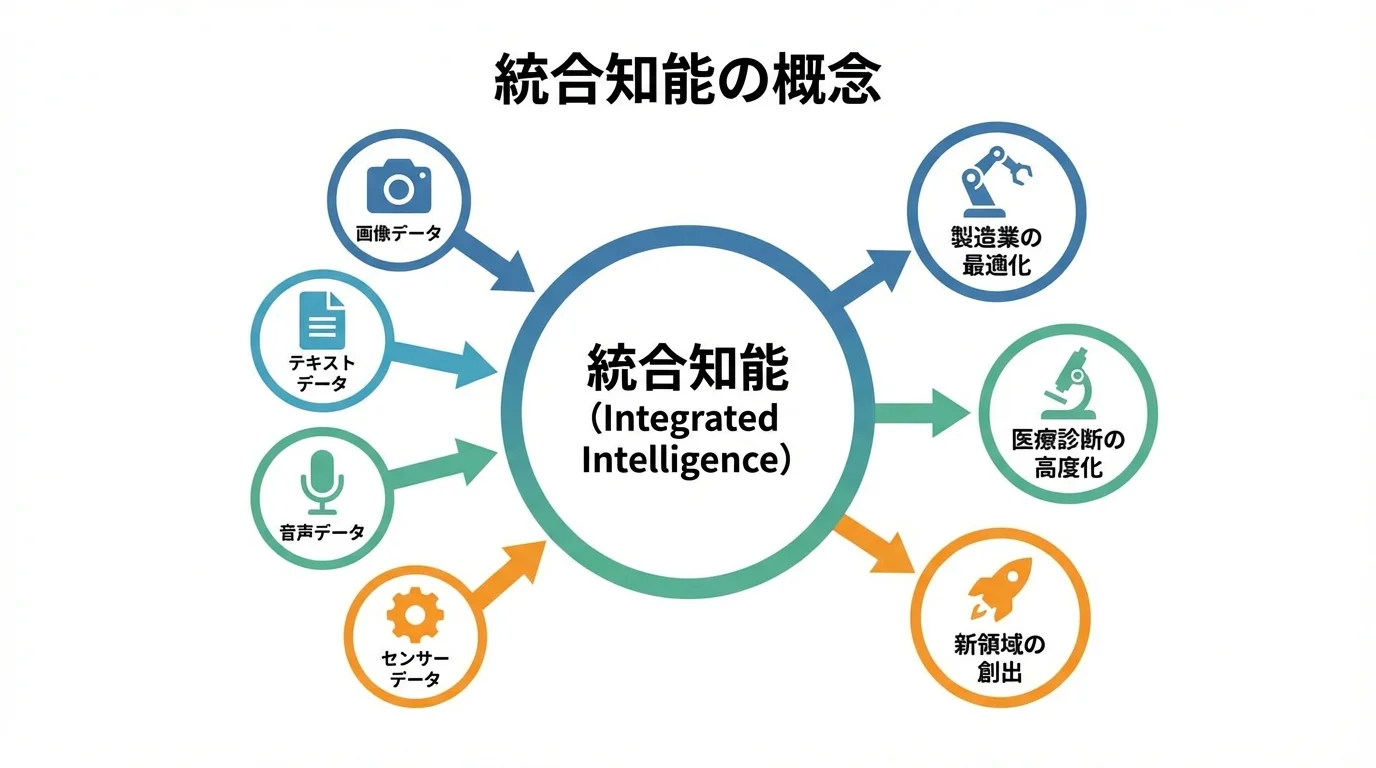 統合知能の概念図。画像、テキスト、音声、センサーデータがAIに統合され、製造業や医療などの分野に応用されていく様子を示している。