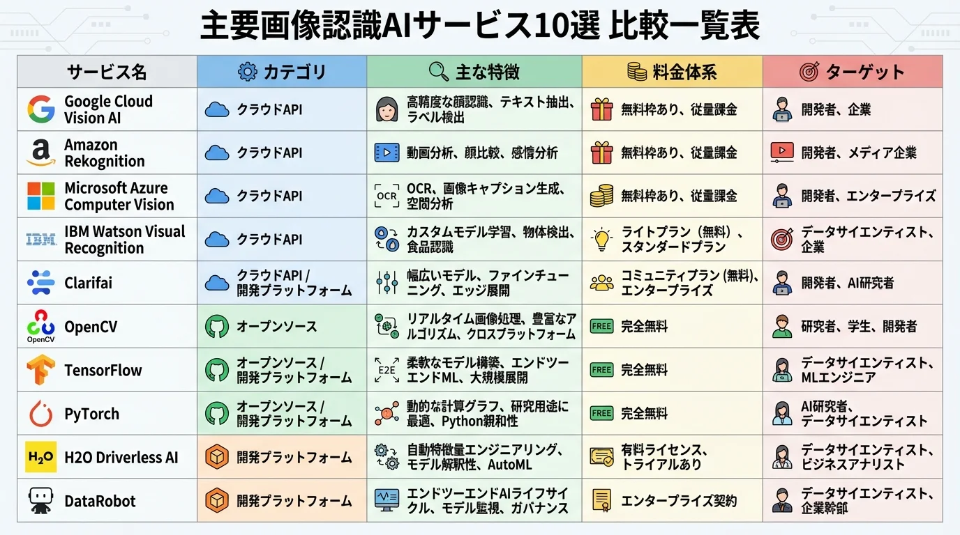 主要な画像認識AIサービス10社のカテゴリ、主な特徴、料金体系、ターゲットユーザーを一覧でまとめた比較表。