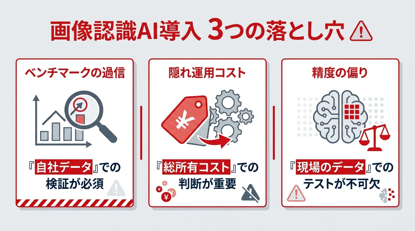 画像認識AI導入時に注意すべき3つのポイント（ベンチマークの過信、隠れ運用コスト、精度の偏り）を解説したインフォグラフィック。
