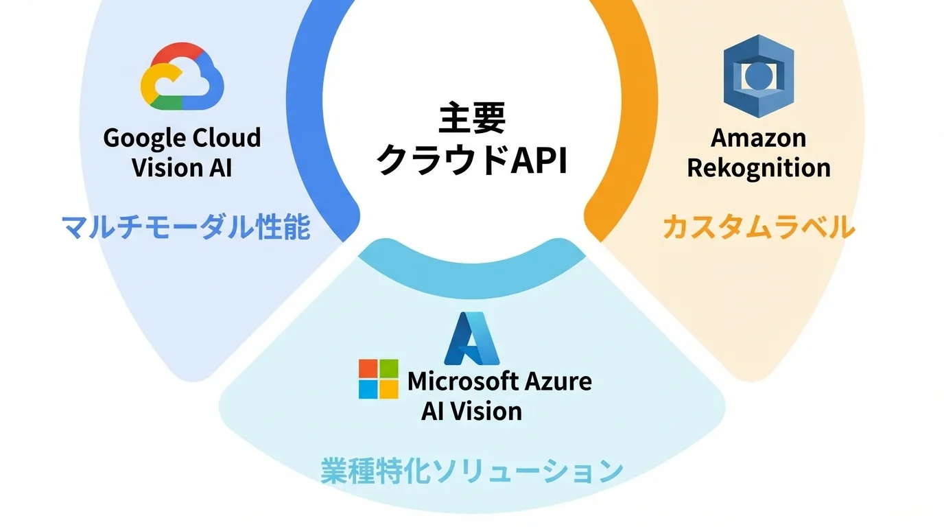 主要な画像認識AIサービスであるGoogle Cloud Vision AI、Amazon Rekognition、Microsoft Azure AI Visionの3社の強みを比較した図解。