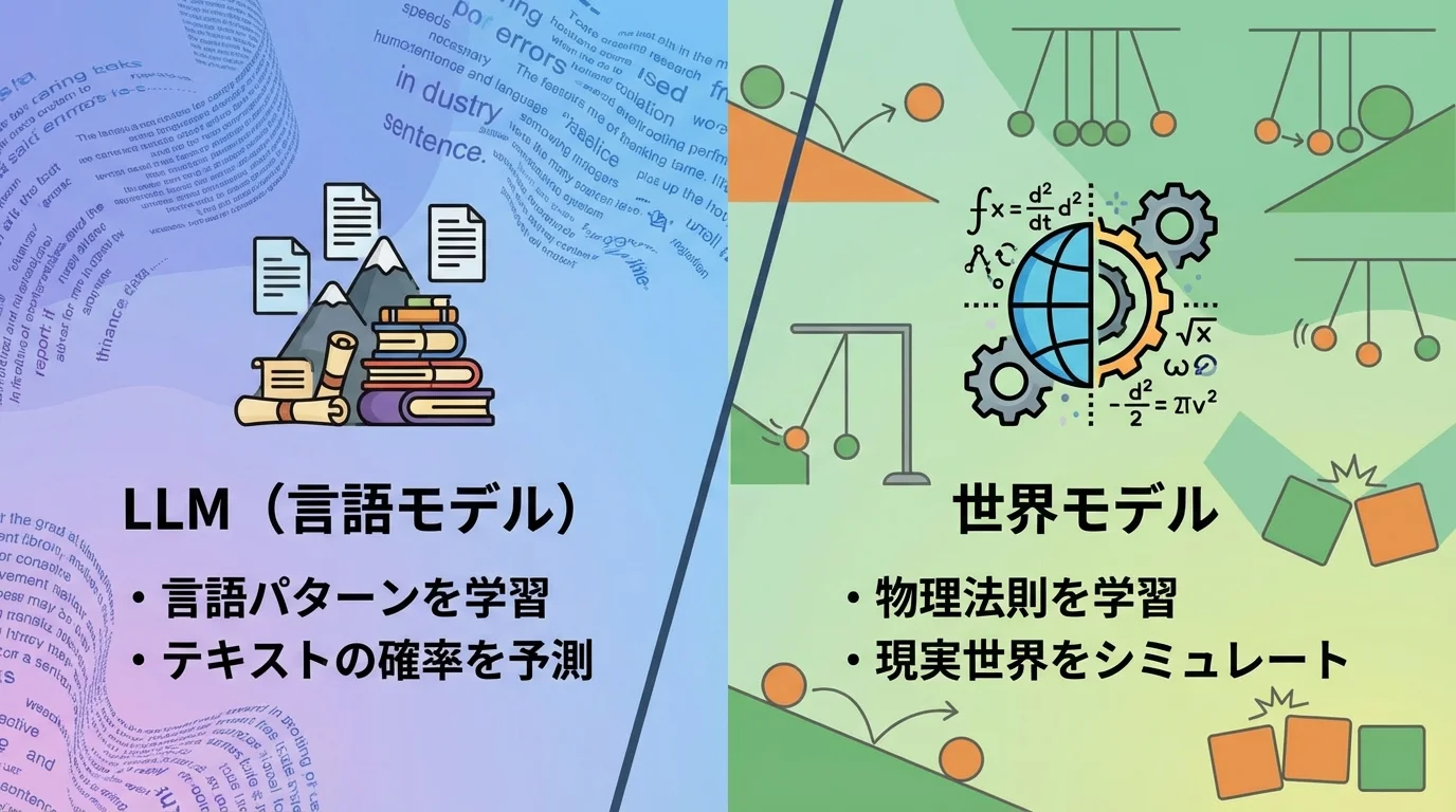 言語パターンを学習するLLMと、物理法則を学習し現実世界をシミュレートする世界モデルの概念的な違いを示す比較図