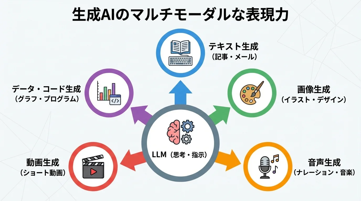 LLMからの指示に基づき、生成AIがテキスト、画像、音声、動画、データなど多様なコンテンツを生み出すマルチモーダルな能力の図解。