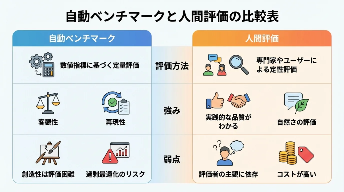 LLMの評価方法である自動ベンチマークと人間評価の比較表。それぞれの評価方法、強み、弱点をまとめている。