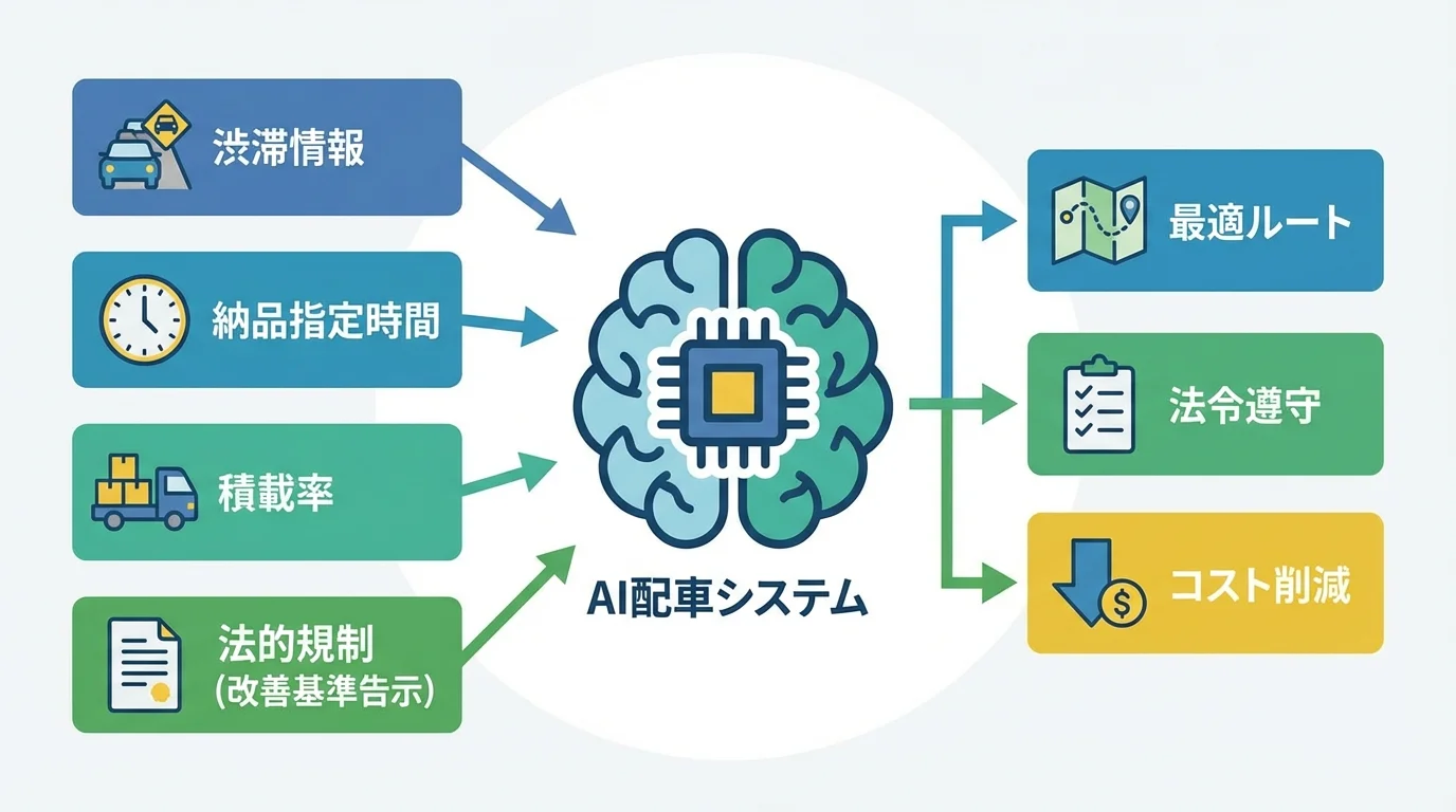 渋滞情報や法的規制などの複雑な条件をAIが解析し、最適な配送ルートを算出する仕組みを示した概念図