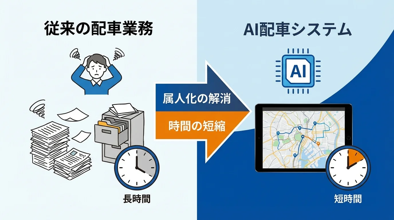 従来の人間による配車業務とAI配車システムの効率性の違いを示す比較図