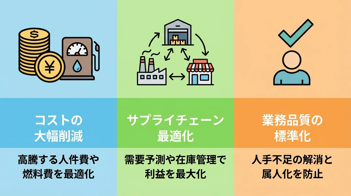 物流AI導入による3つのメリット(コスト削減、サプライチェーン最適化、業務品質標準化)の図解