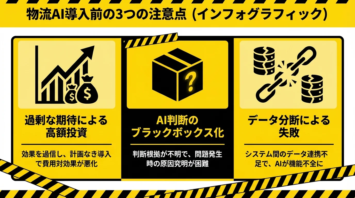 物流AI導入の失敗を避けるための3つの注意点(高額投資、ブラックボックス化、データ分断)の図解