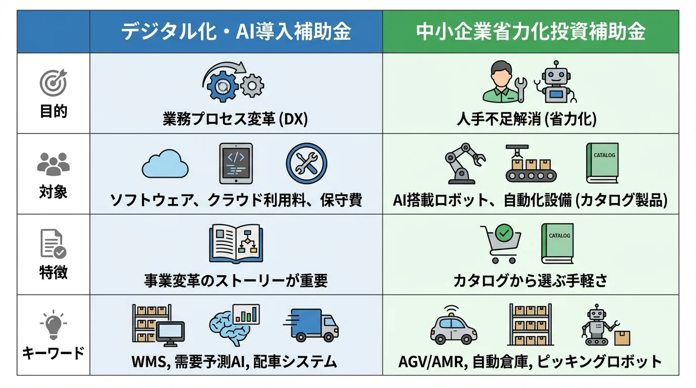 デジタル化・AI導入補助金と中小企業省力化投資補助金の比較表