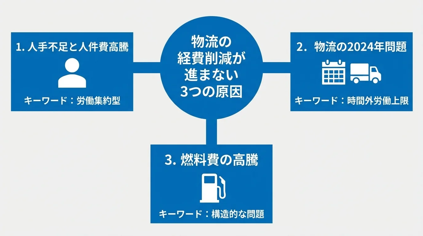 物流の経費削減を妨げる3つの原因(人手不足、2024年問題、燃料費高騰)を解説するインフォグラフィック