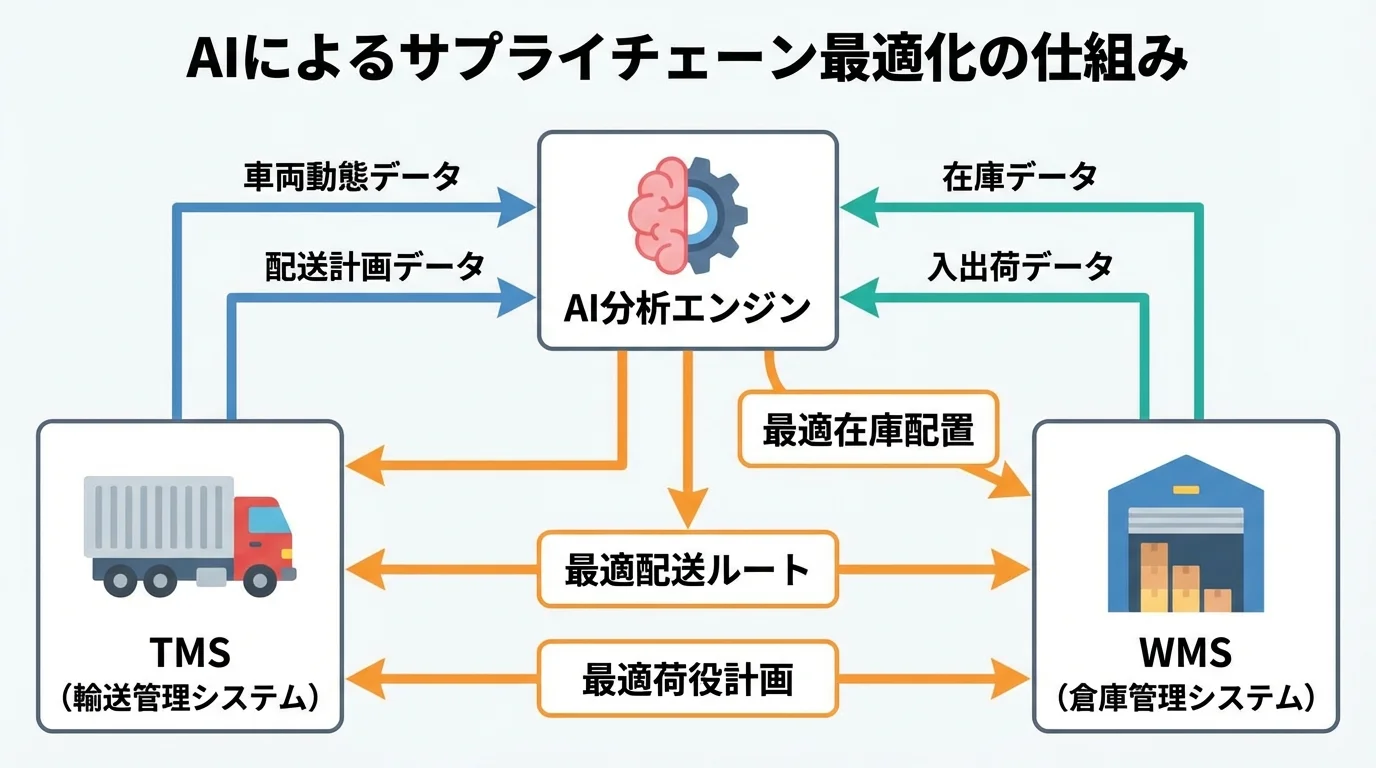 AIがTMSとWMSのデータを統合分析し、サプライチェーン全体を最適化する仕組みを示したインフォグラフィック。
