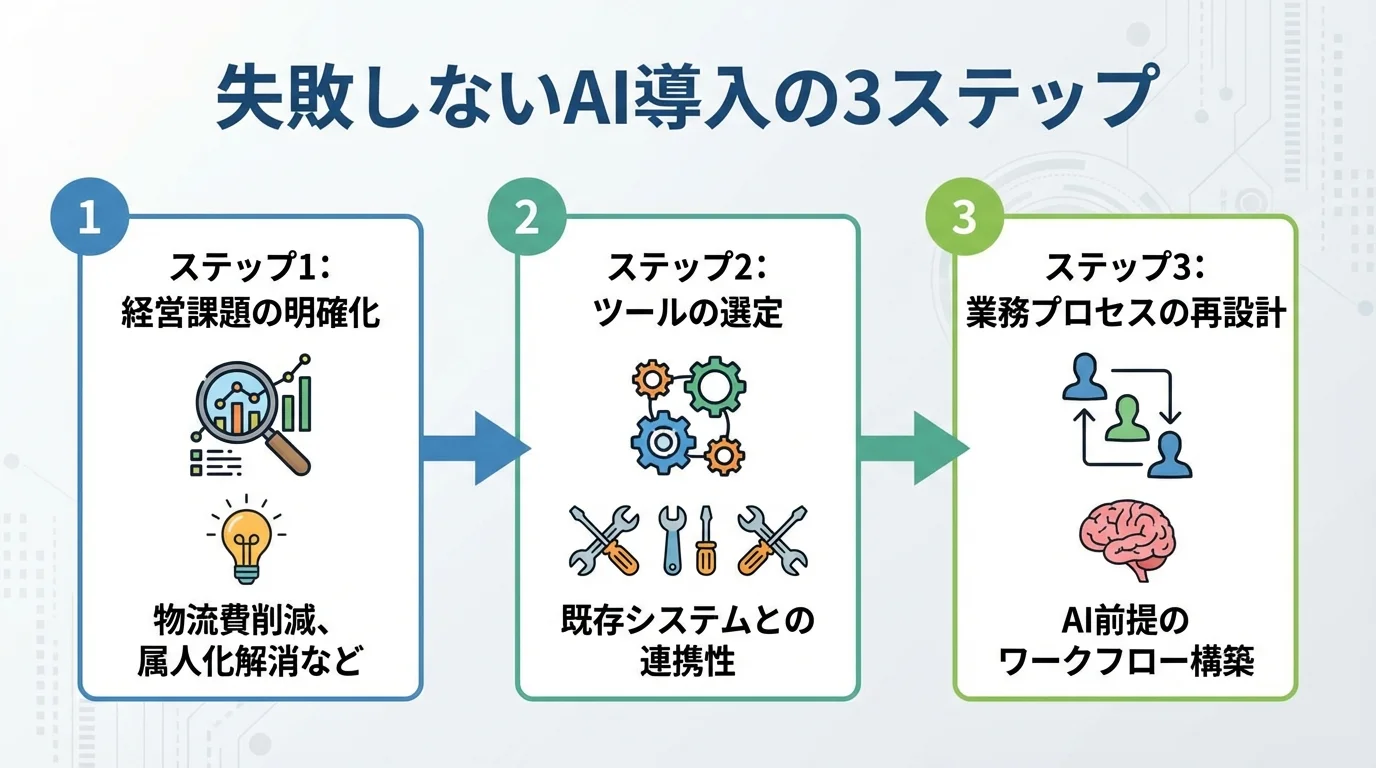 失敗しないためのAI物流データ分析の導入ステップを示したインフォグラフィック。課題の明確化、ツール選定、業務プロセスの再設計の3段階。
