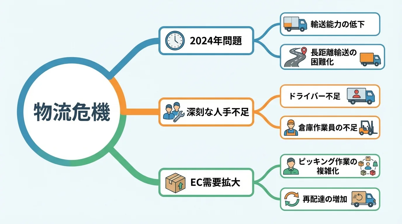 2024年問題、人手不足、EC需要拡大が相互に関連し合う物流業界の課題構造を示した関係図