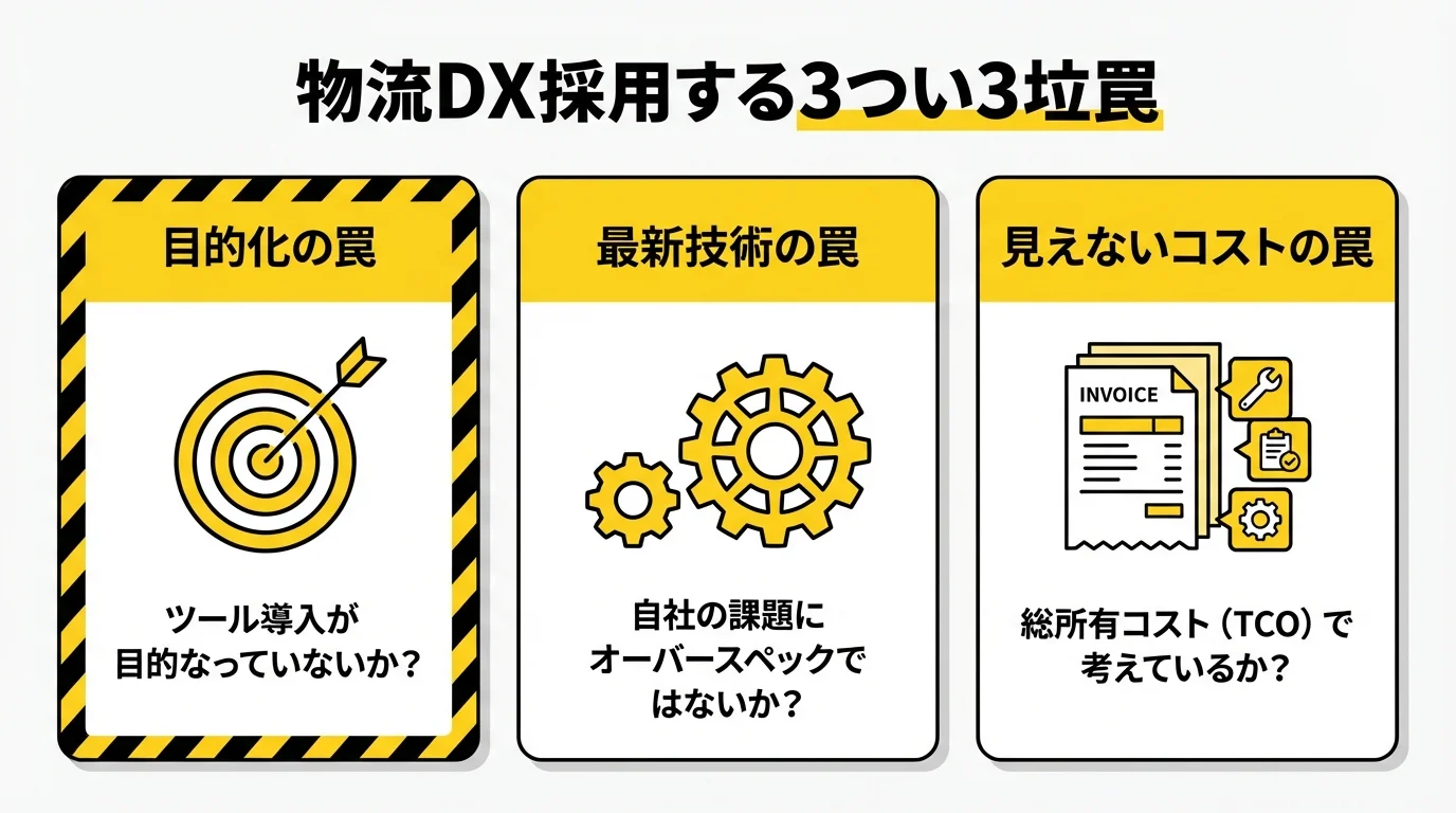 物流DX導入で失敗しないための3つの注意点。ツールの目的化、オーバースペックな技術、見えない運用コストへの警告を示す図解。