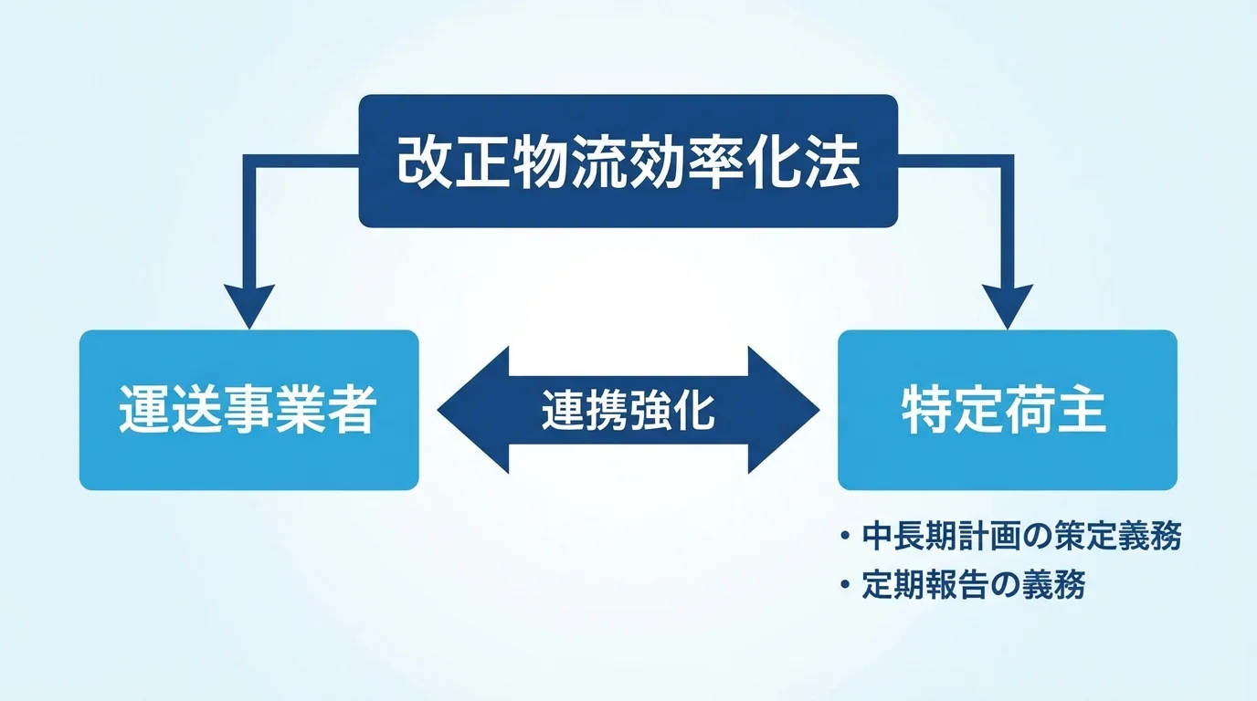 改正物流効率化法が運送事業者と特定荷主の両方に影響を与え、両者の連携強化を促すことを示した関係図。