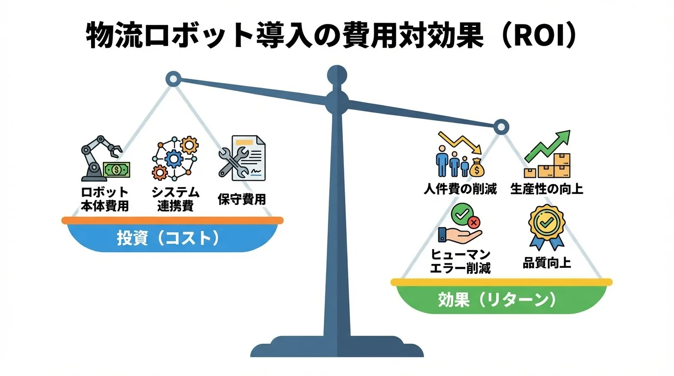 物流ロボット導入の費用対効果を天秤で示すインフォグラフィック。投資コストに対し、人件費削減や生産性向上といったリターンが大きいことを表現。