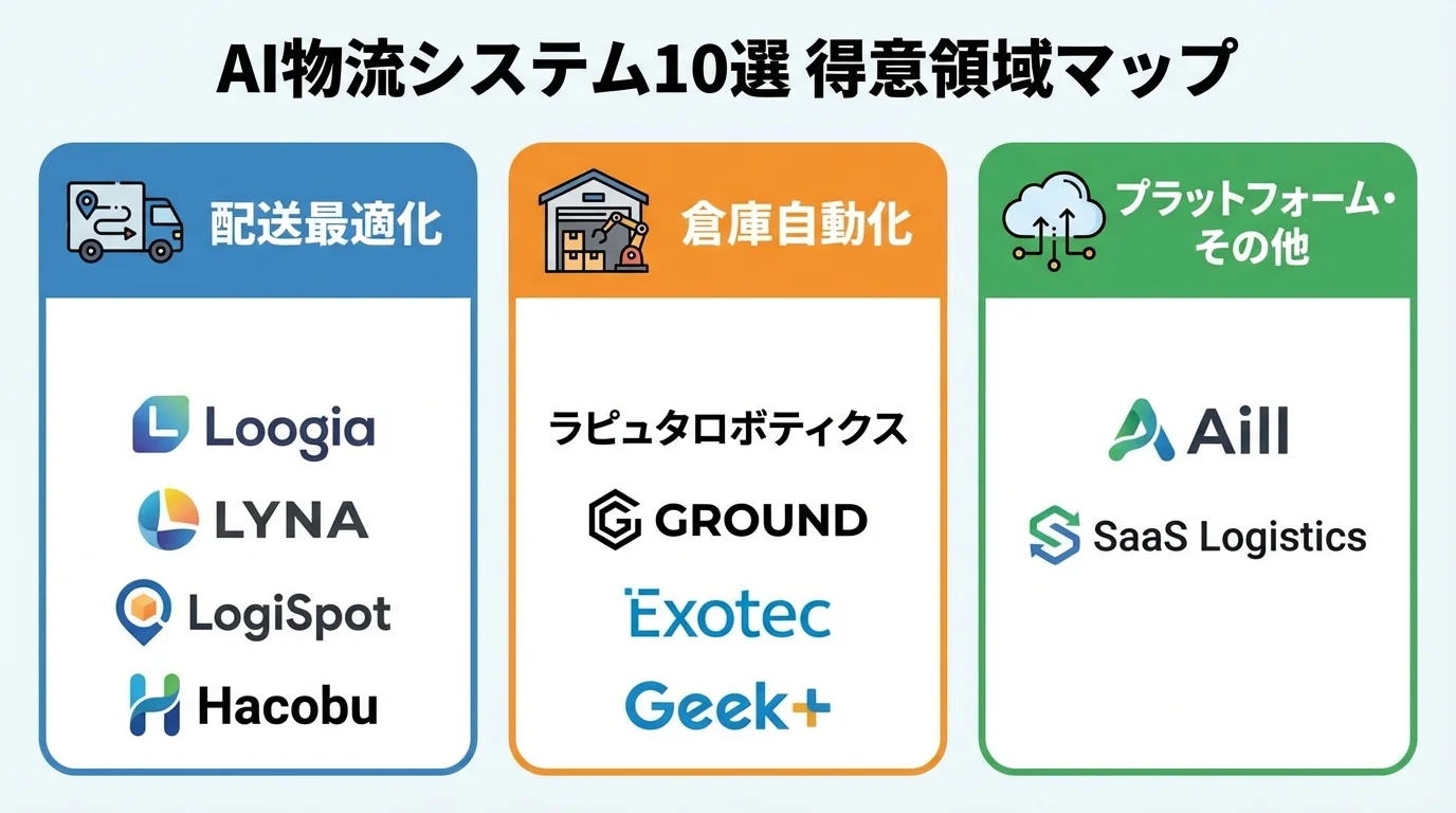 おすすめAI物流システム10社の得意領域(配送最適化、倉庫自動化、プラットフォーム)を比較するインフォグラフィック