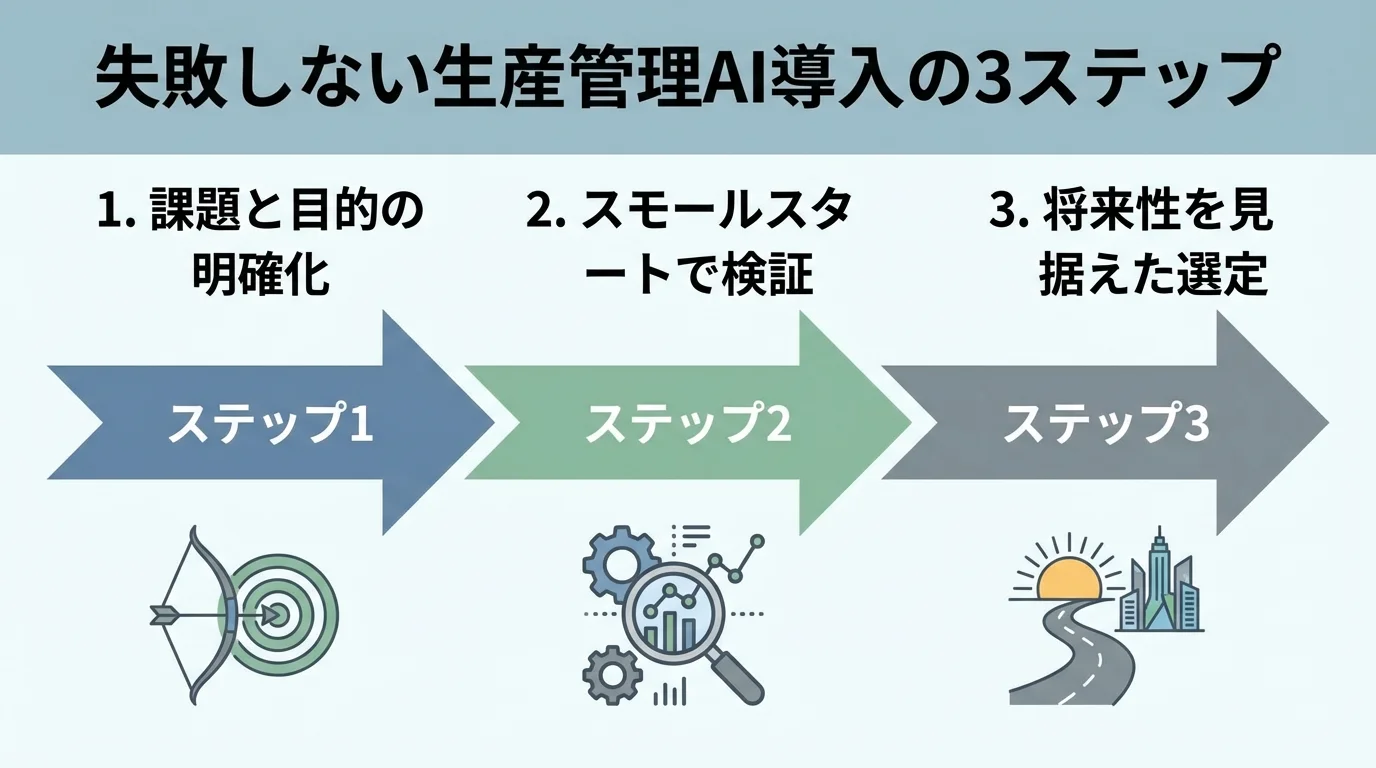 生産管理AIを失敗せずに導入するための3つのステップ（課題の明確化、スモールスタート、システム選定）を示したステップ図。