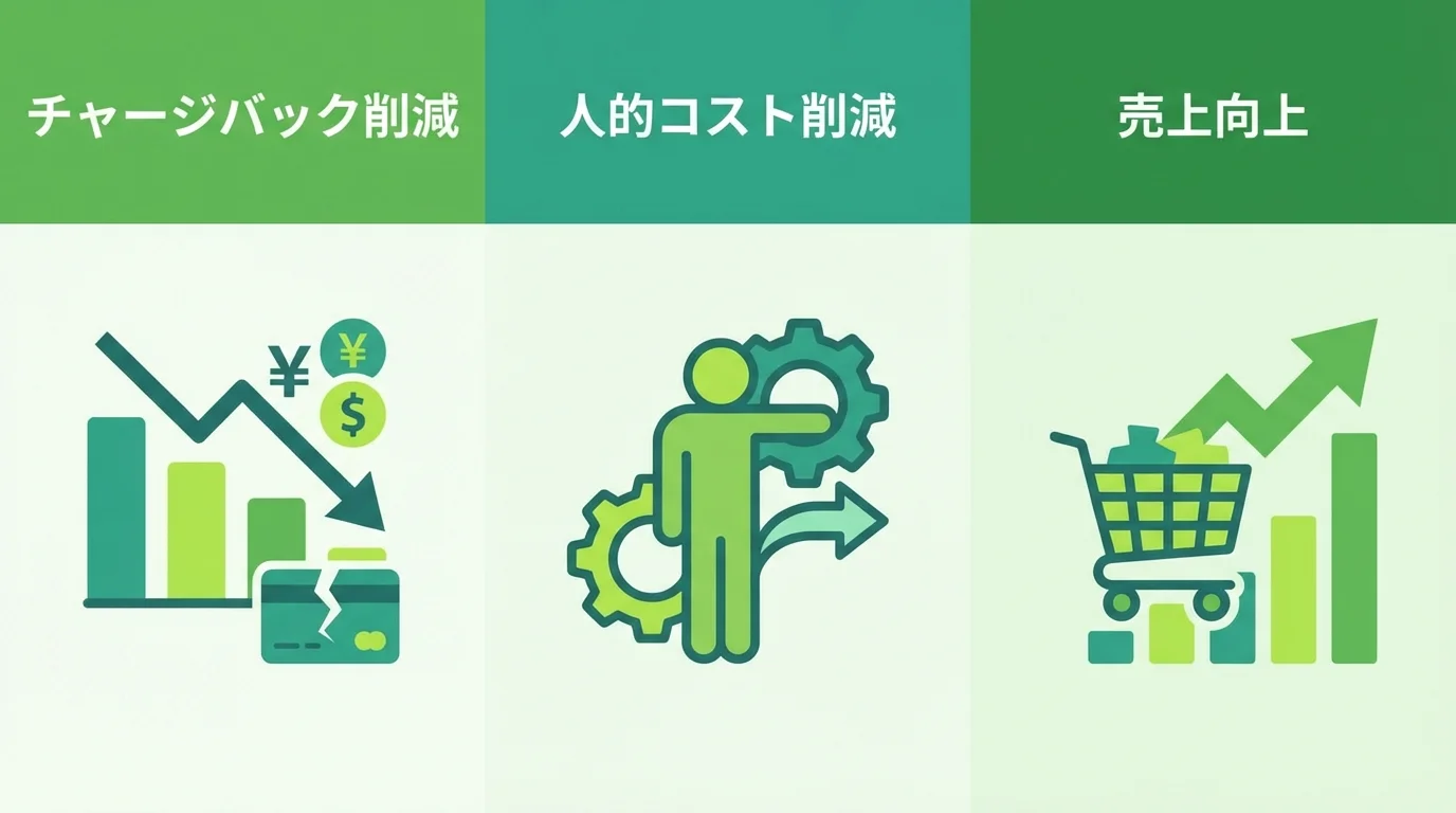 不正検知システム導入の3大メリット(チャージバック削減、人的コスト削減、売上向上)をアイコンで示すインフォグラフィック。