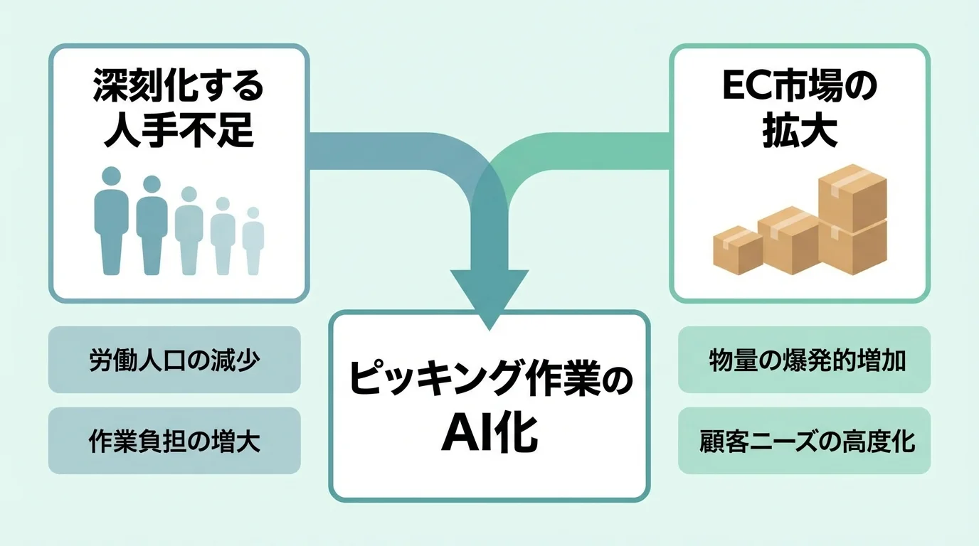 ピッキング作業のAI化が加速する2つの背景。人手不足とEC市場の拡大という課題がAI導入を後押ししていることを示す図。