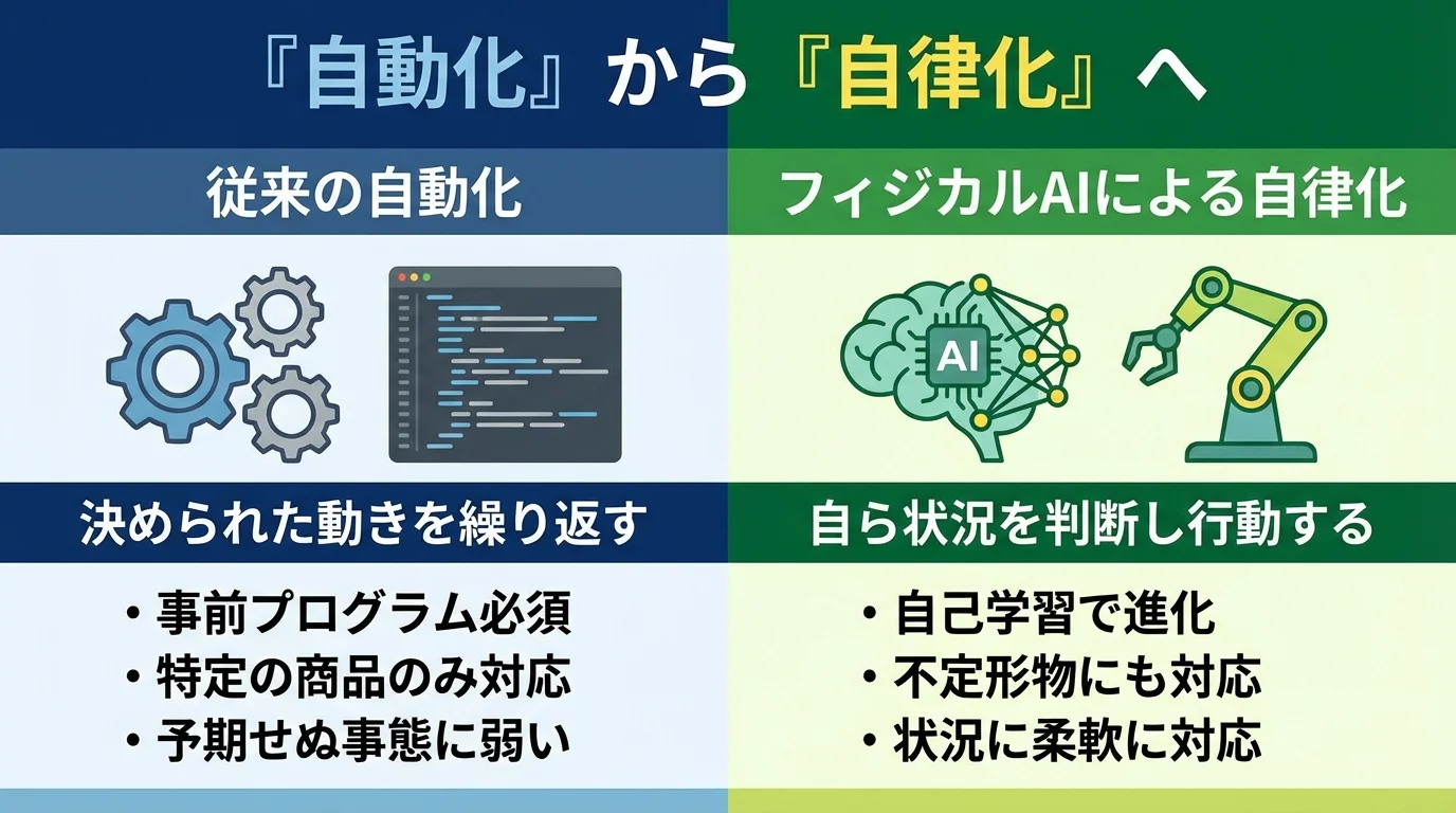 従来の自動化とフィジカルAIによる自律化の比較表。自律化が自己学習能力や柔軟性で優れていることを示すインフォグラフィック。
