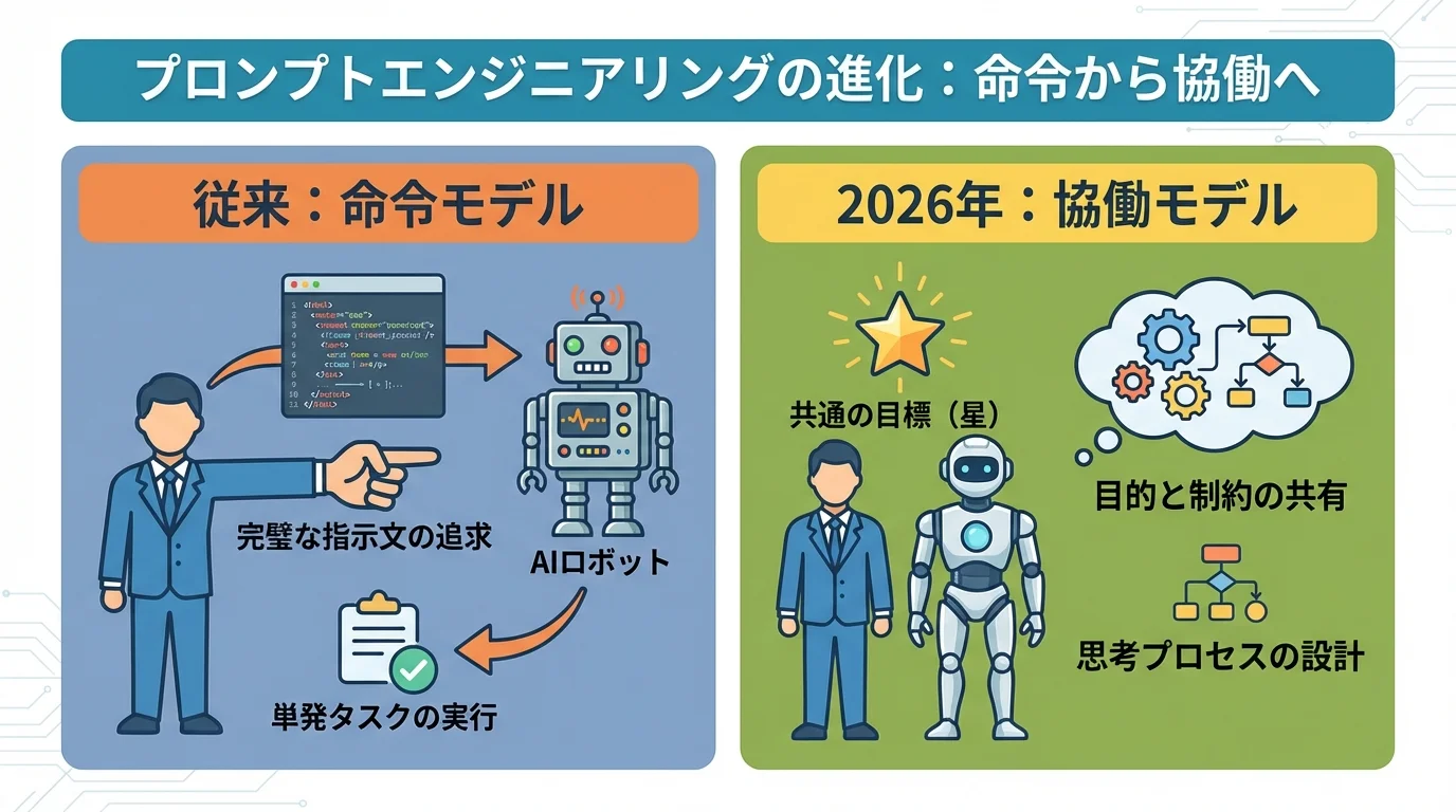 従来の「命令モデル」と2026年の「協働モデル」というプロンプトエンジニアリングの進化を比較したインフォグラフィック。