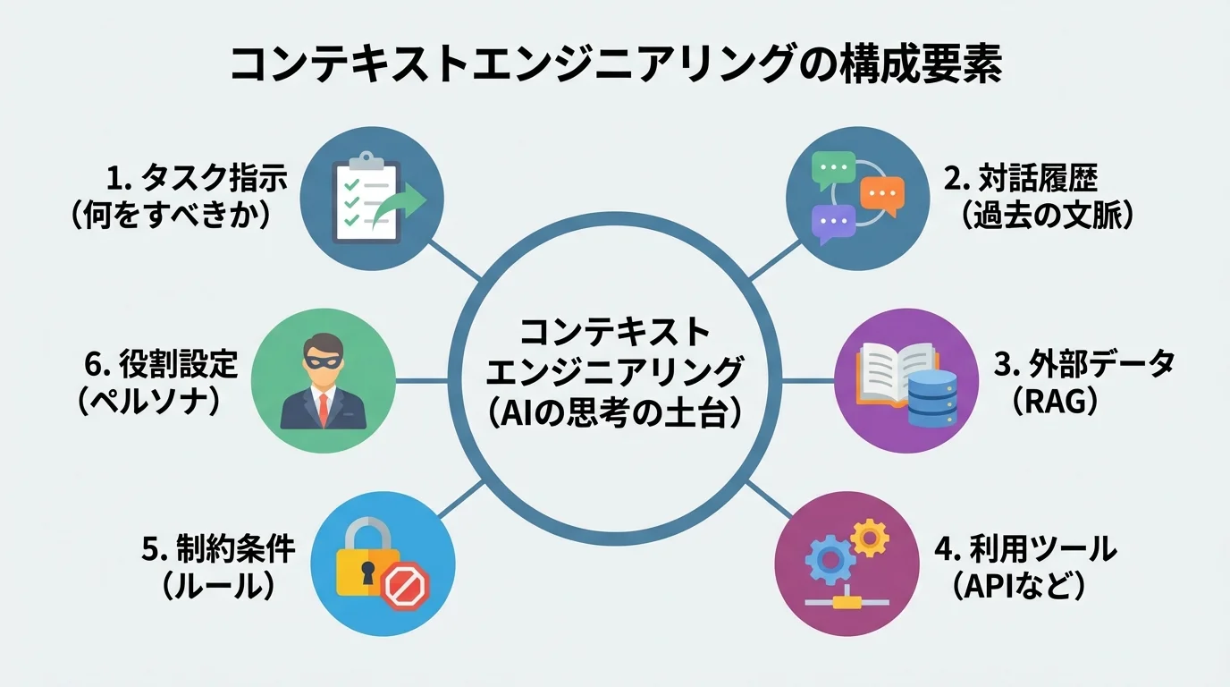 コンテキストエンジニアリングを構成する6つの主要要素（タスク指示、対話履歴、外部データなど）を視覚的に整理した概念マップ。