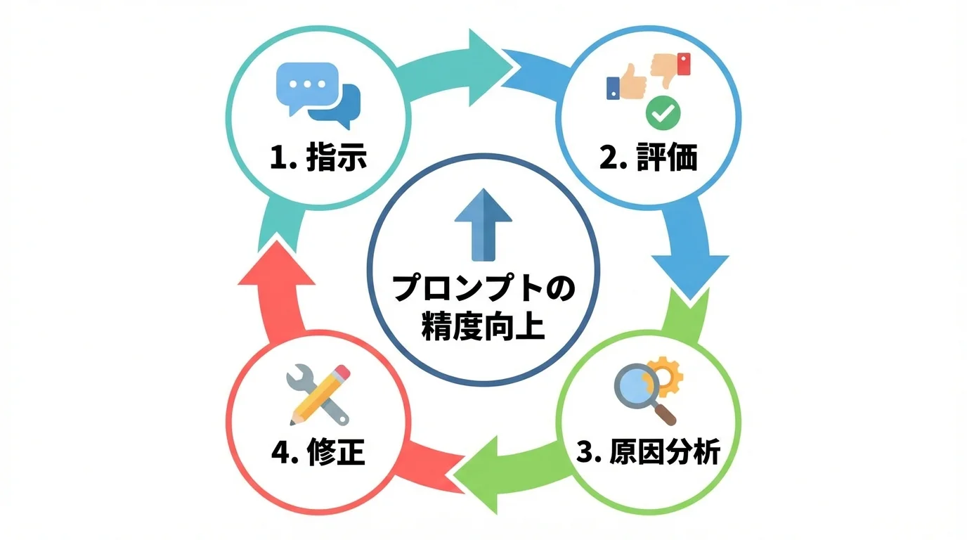 プロンプトの精度を最大化するための改善サイクル（指示・評価・分析・修正）を示した図解